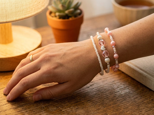 Handmade Pink White Pearl-Like Beaded Bracelet Set, Heart Charm, Boho Ocean Jewelry