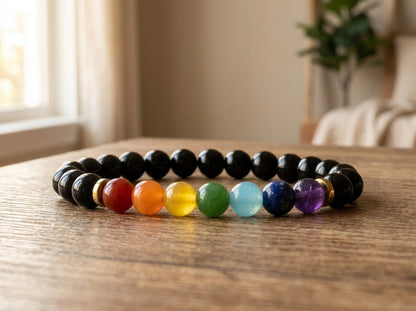 Black Onyx Healing Crystal 7 Chakra Rainbow Handmade Bracelet Artisan Jewelry Spiritual Yoga Gift Minimalist Boho Style