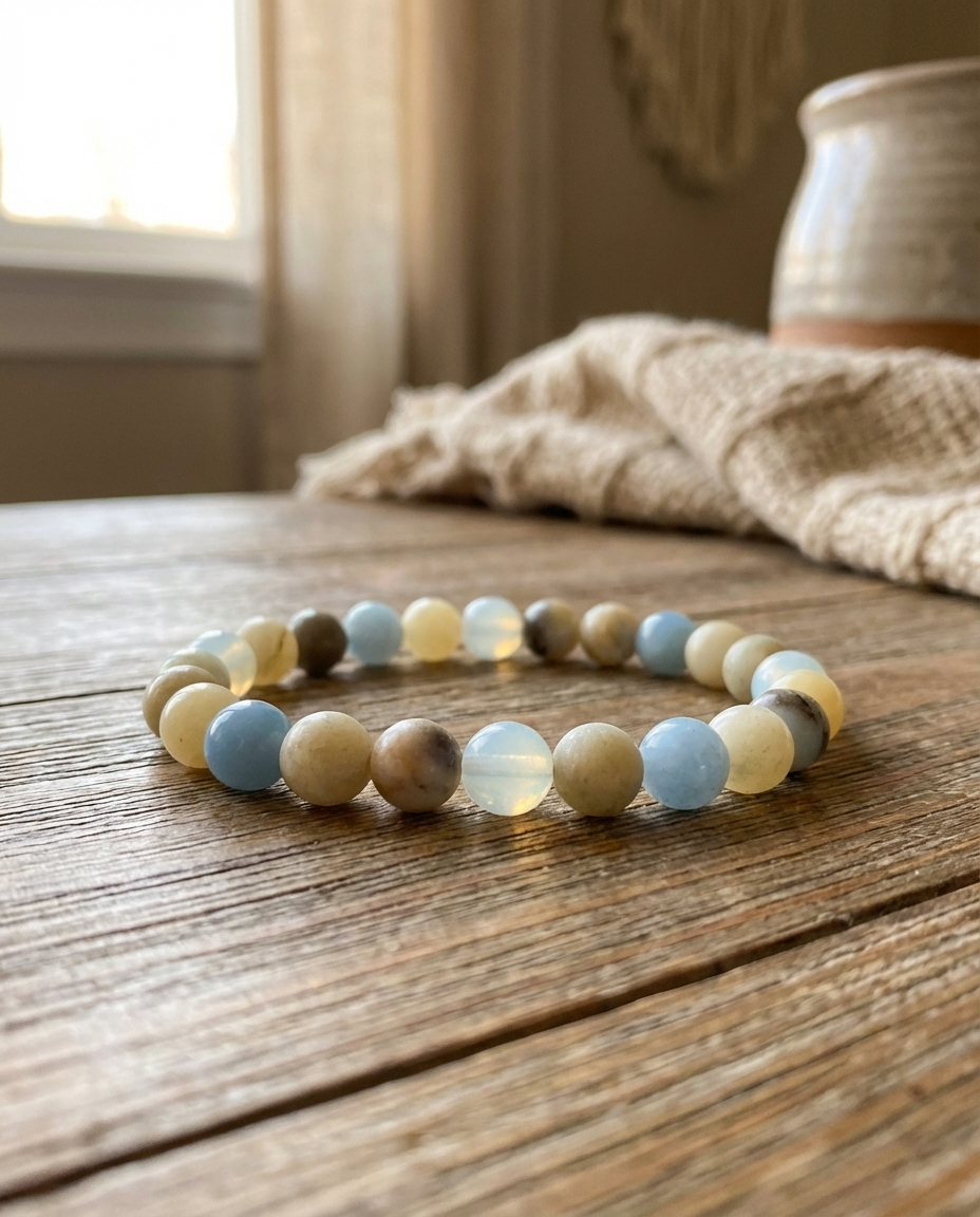 Multicolored beaded bracelet on a wooden surface with a soft focus background