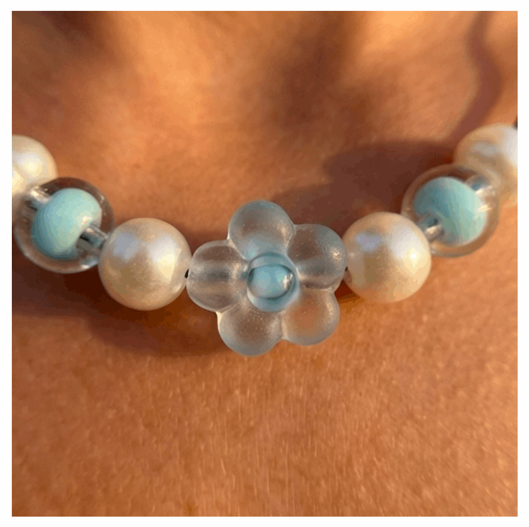 Minimalist Floral Design Necklace with Acrylic White Pearl Beads, Black Cord, Lobster Claw with Extension Chain