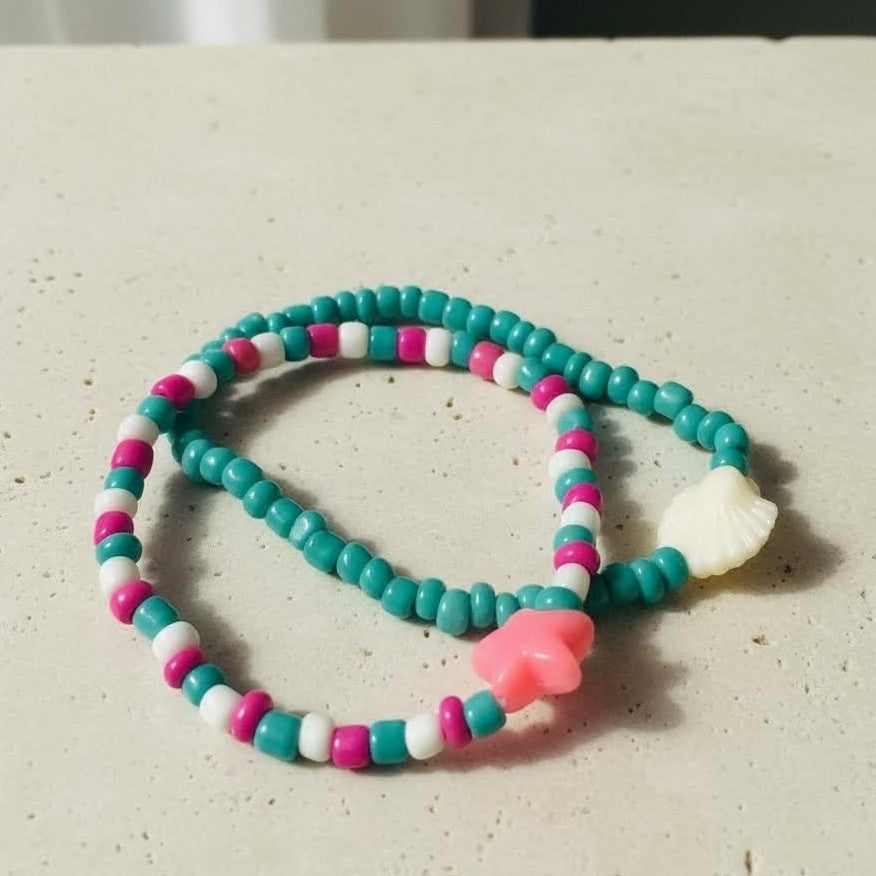 Handmade Ocean Theme Bracelet Stack, Dainty Shell & Star Charms in Teal/Pink, Cute Personalized Gift for Beach Lovers