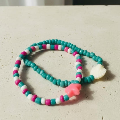 Handmade Ocean Theme Bracelet Stack, Dainty Shell & Star Charms in Teal/Pink, Cute Personalized Gift for Beach Lovers