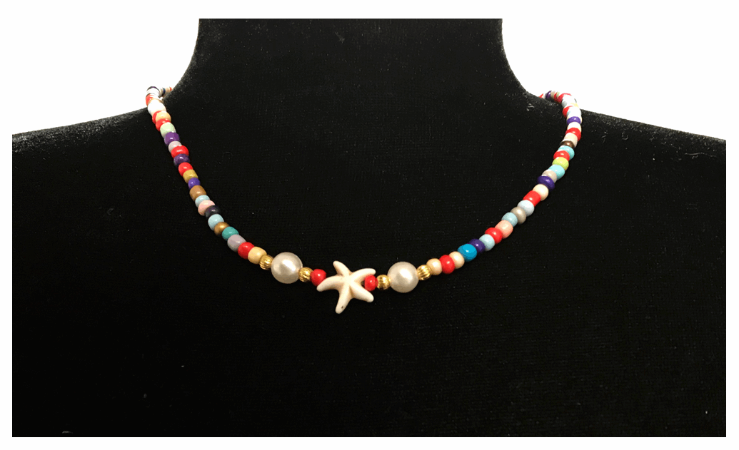 Handcrafted Seaside Starfish and Pearl Necklace, Metal-Plated Clasp w/ Extension Chain