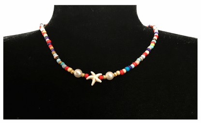 Handcrafted Seaside Starfish and Pearl Necklace, Metal-Plated Clasp w/ Extension Chain