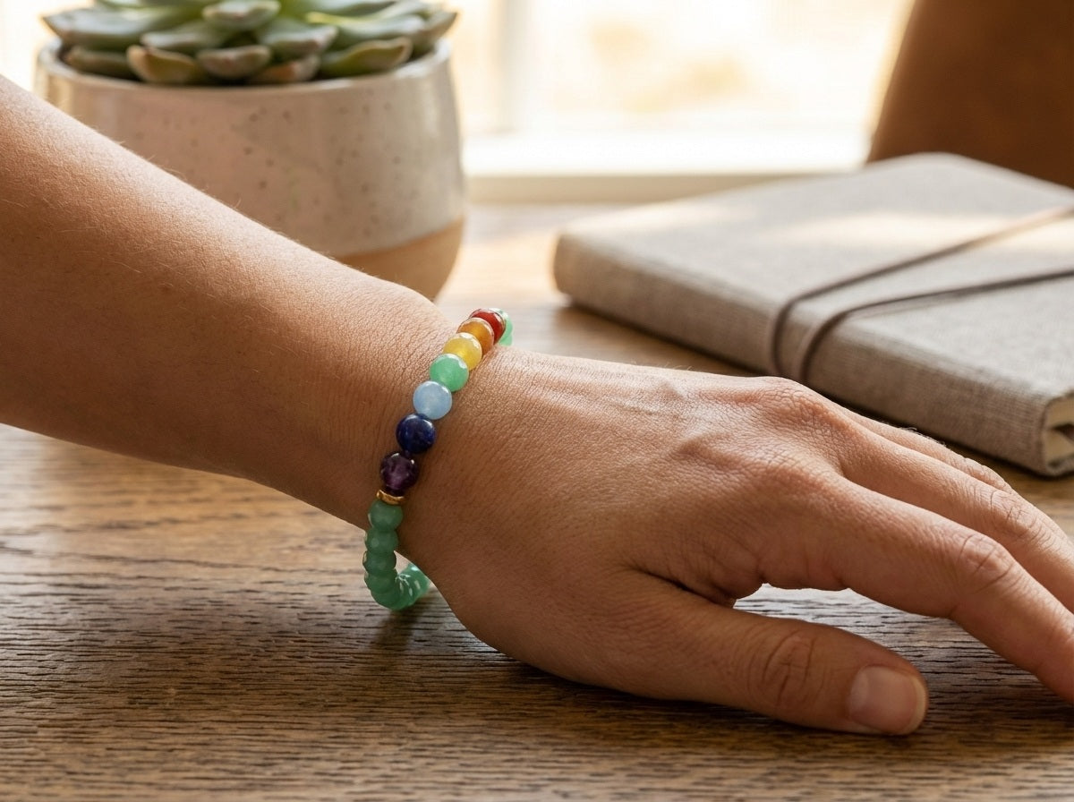 Hand wearing a colorful beaded bracelet on a wooden surface with a notebook and plant in the background.