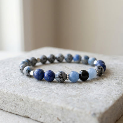 Handmade Blue Gemstone Beaded Bracelet, Navy Gray Silver Stackable Jewelry