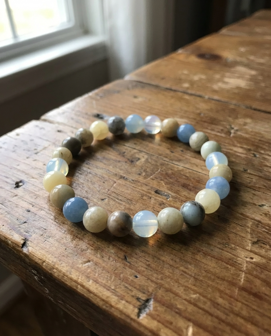 Multicolored beaded bracelet on a wooden surface with a window in the background