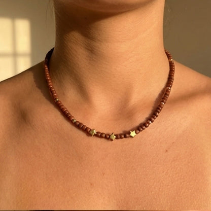 Brown Seed Bead Necklace with Gold Star Charms, Dainty Celestial Jewelry