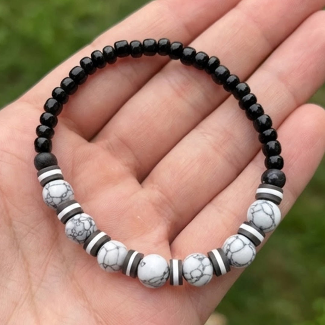 Handmade Beaded White Howlite-style & Black Onyx-style Stretch Bracelet, Boho Jewelry