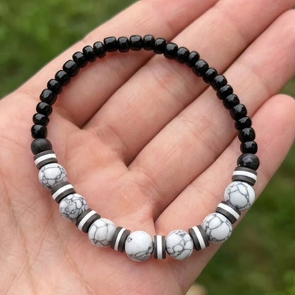 Handmade Beaded White Howlite-style & Black Onyx-style Stretch Bracelet, Boho Jewelry