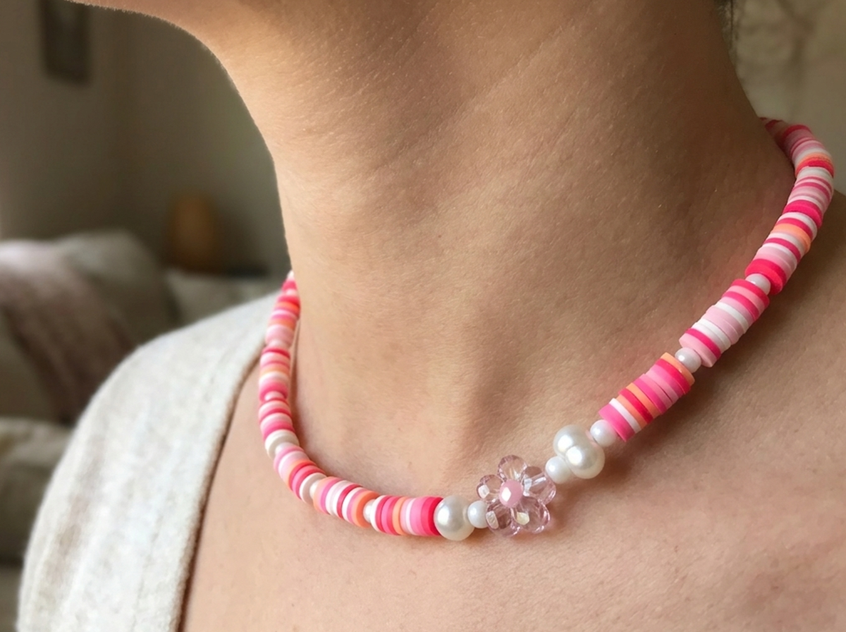 Pink Heishi Bead Necklace, Pastel Flower Charm, Surfer Beach Style Choker
