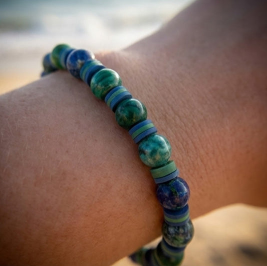 Handmade Azurite Malachite Beaded Bracelet - Natural Blue Green Gemstone Jewelry - Boho Style with Matching Heishi Disc Spacers