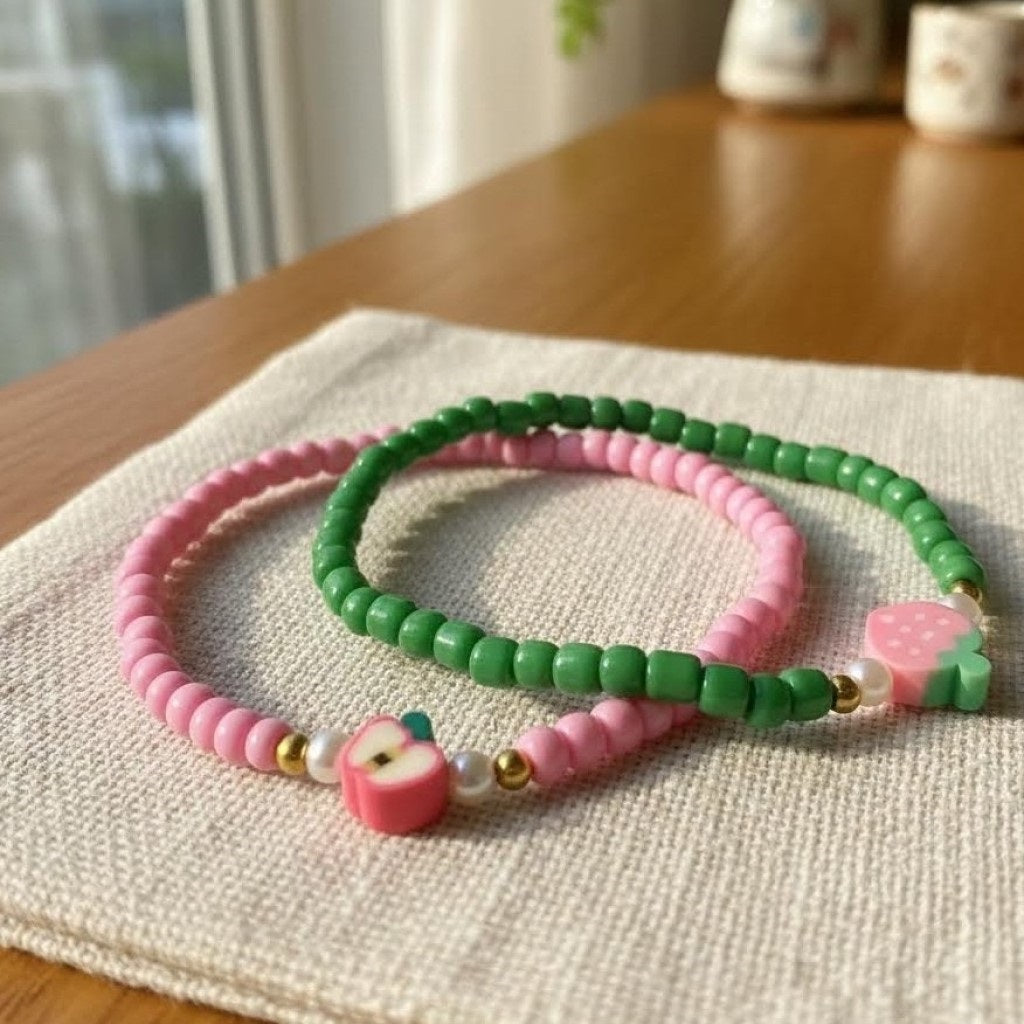 Handmade Pink Green Beaded Bracelet Set, Apple & Strawberry Charm, Playful Boho Jewelry