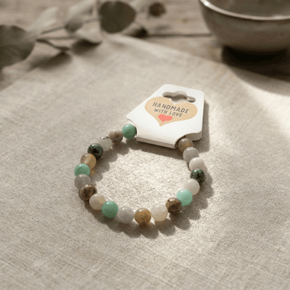 Earth Tone Beaded Bracelet - Green Brown Gemstone Smooth Round Natural Stone Stretch Crystal Jewelry Gift for Women