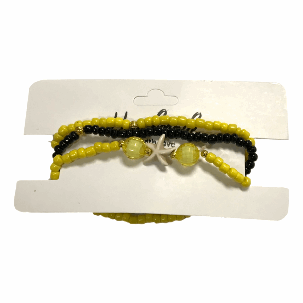 Handmade Yellow Black Beaded Bracelet Set, Starfish Charm, Boho Ocean Jewelry