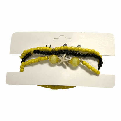 Handmade Yellow Black Beaded Bracelet Set, Starfish Charm, Boho Ocean Jewelry