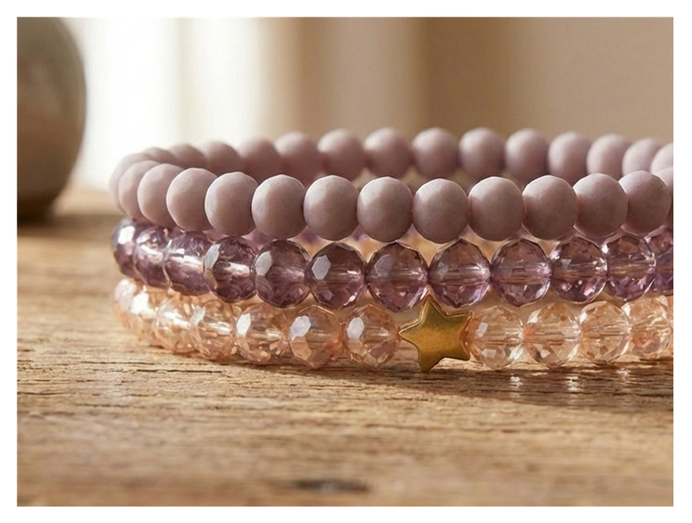 Handmade with Love Lavender and Crystal-style Beaded Bracelet Set