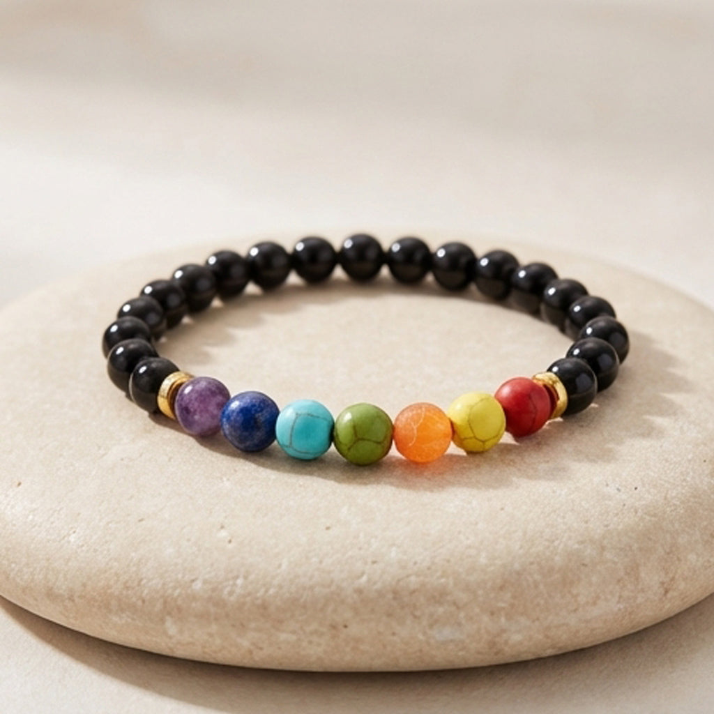 Black Onyx and Gemstone Chakra Handmade Bracelet Natural Stone Beaded Crystal Jewelry with Gold Accents