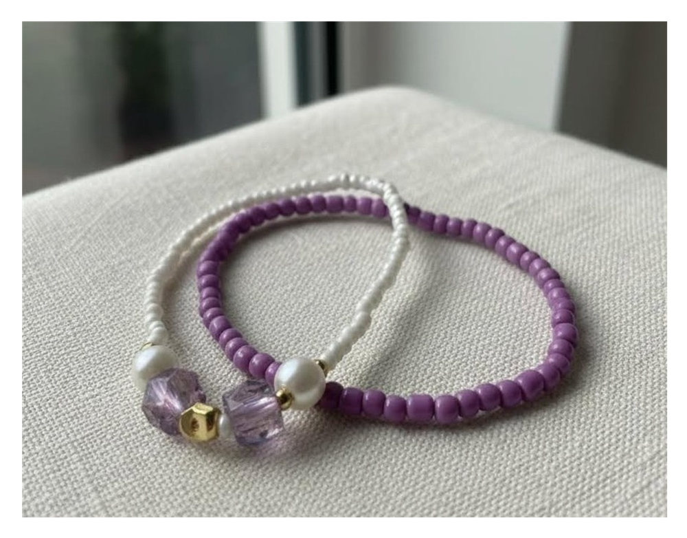 Handmade Purple and White Beaded Bracelets with Faux Pearls, Teen Jewelry