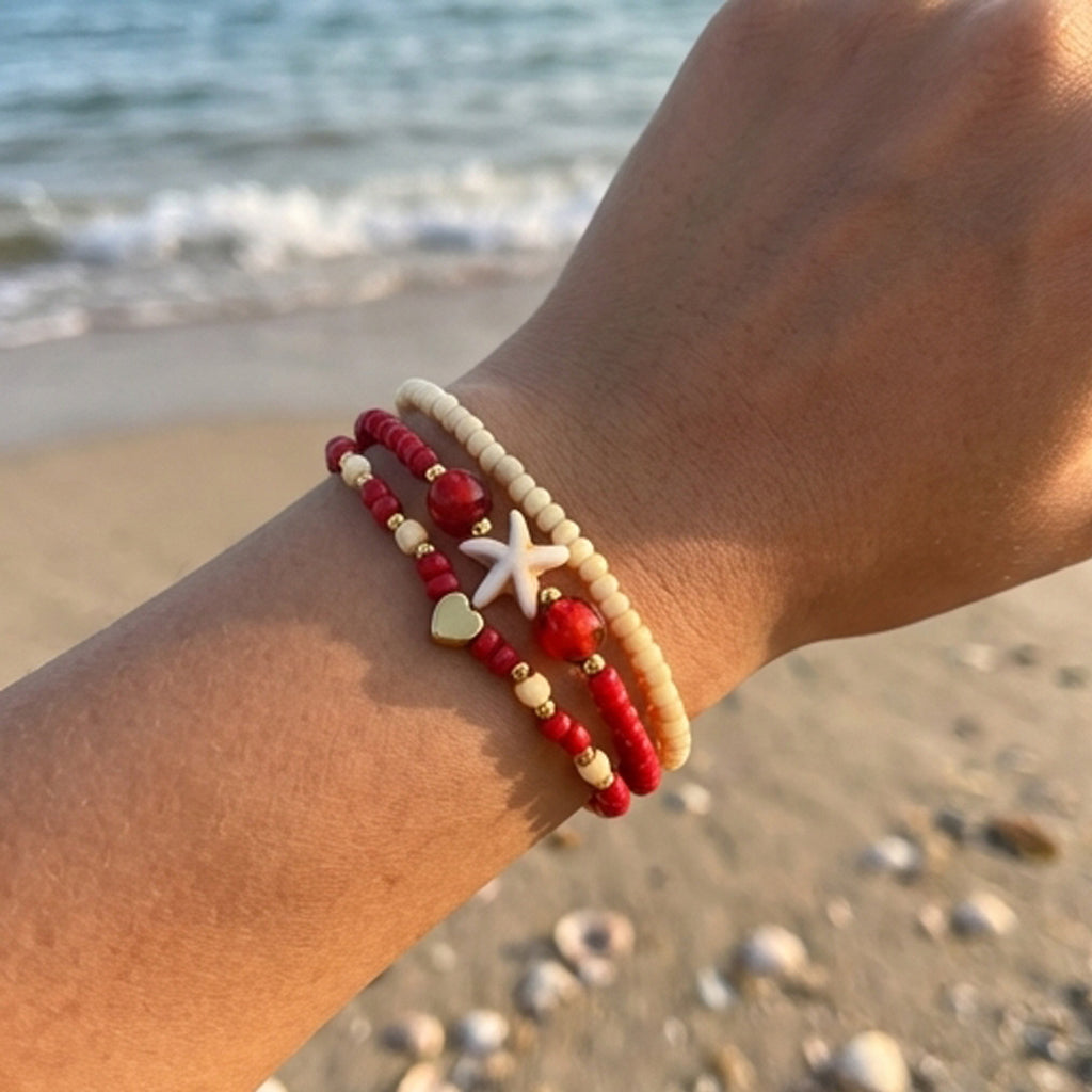 Handmade Red Cream Beaded Bracelet Set, Starfish and Heart Charm, Boho Ocean Jewelry