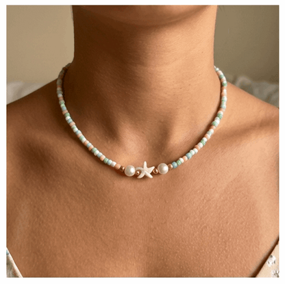 Handcrafted Seaside Starfish Beaded Necklace, Metal-Plated Clasp w/ Extension Chain