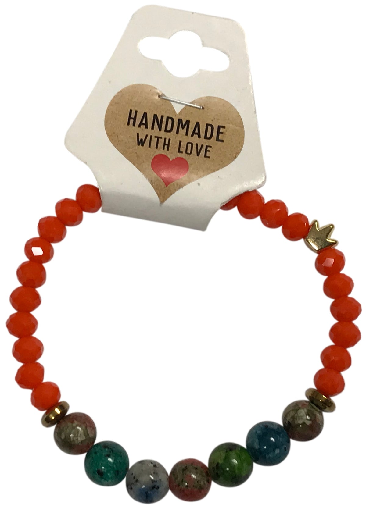 Beaded bracelet with red, green, and gold beads on a white background with 'Handmade with Love' card.