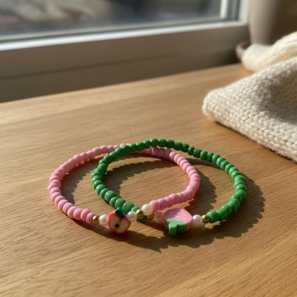 Handmade Pink Green Beaded Bracelet Set, Apple & Strawberry Charm, Playful Boho Jewelry