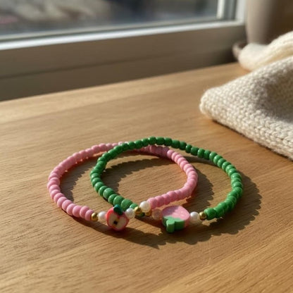 Handmade Pink Green Beaded Bracelet Set, Apple & Strawberry Charm, Playful Boho Jewelry