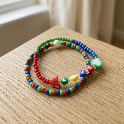 Handmade Rainbow Beaded Bracelet Set, Heart Charm & LOVE Letters, Pearl-Like Accent, Playful Boho Jewelry