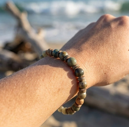 Handmade Bracelet – Green Stone-Style Beads with Brown & Cream Disc Spacers – Boho Jewelry