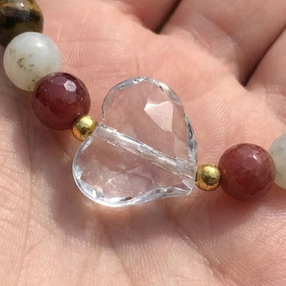 Handmade Garnet Beaded Bracelet with Clear Crystal Style Heart Charm – Tiger Eye & Jade Natural Gemstone, Healing Jewelry Gift