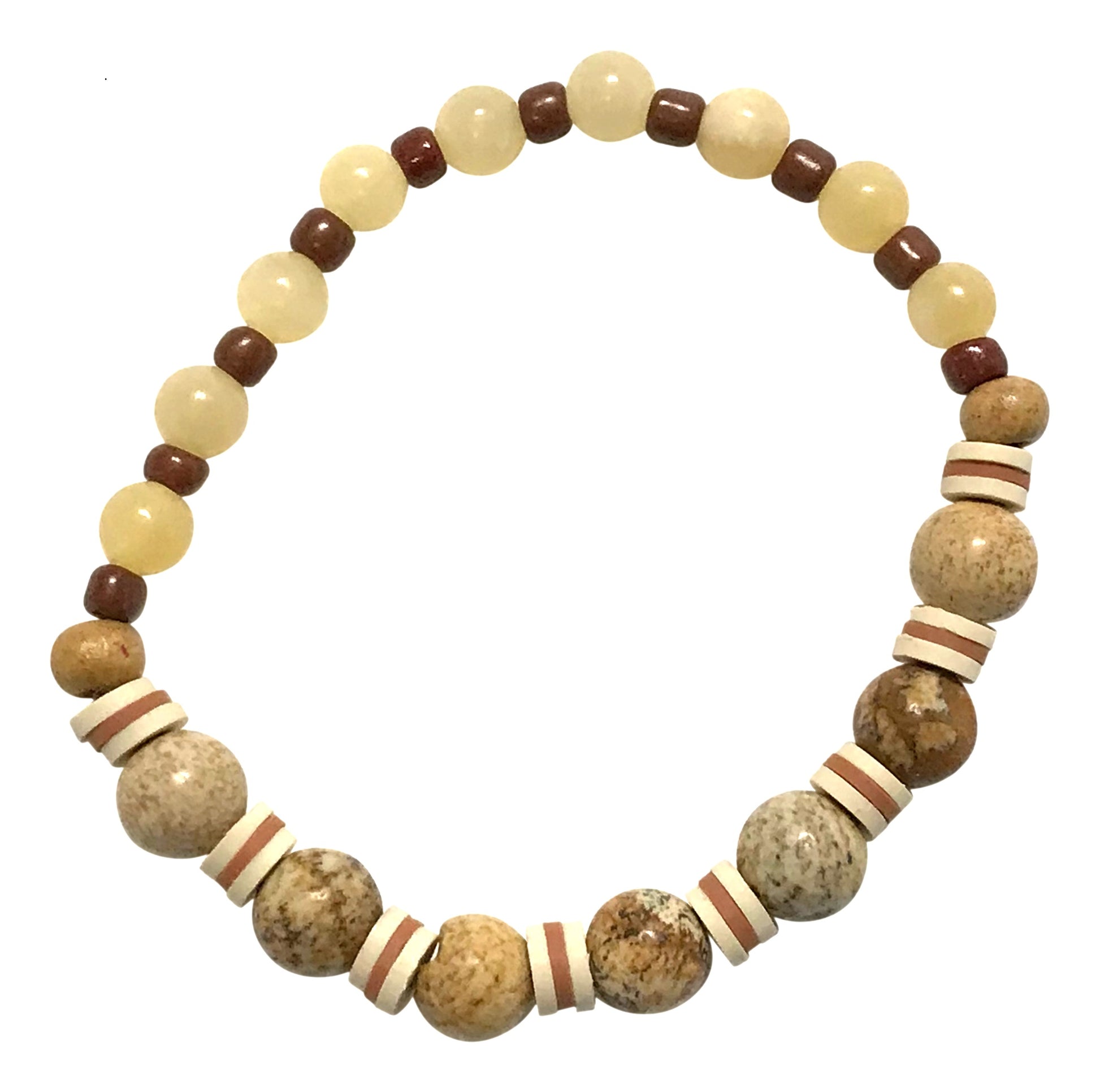 Beaded bracelet with natural-colored beads on a white background
