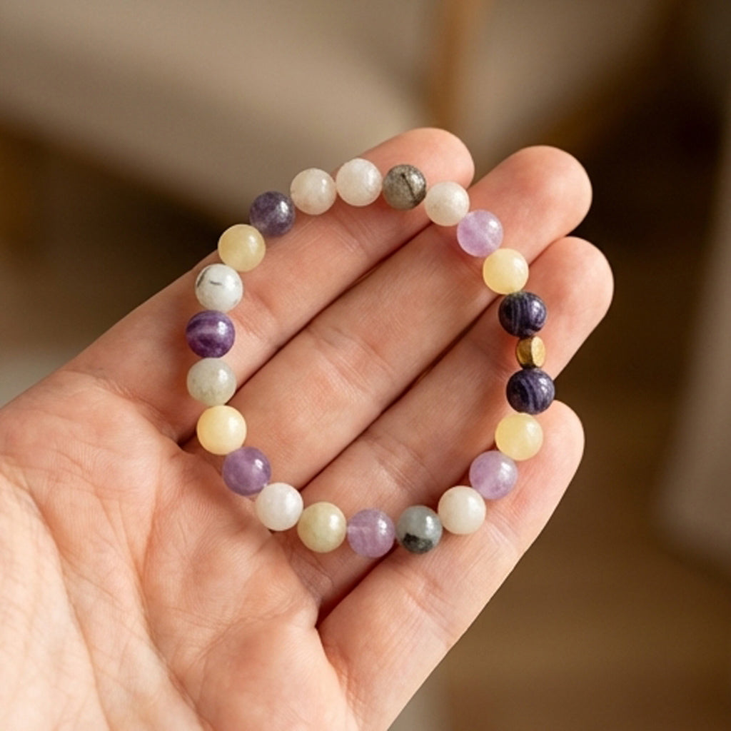 Handmade Lavender Cream Gemstone Stretch Bracelet, Boho Stacking Jewelry
