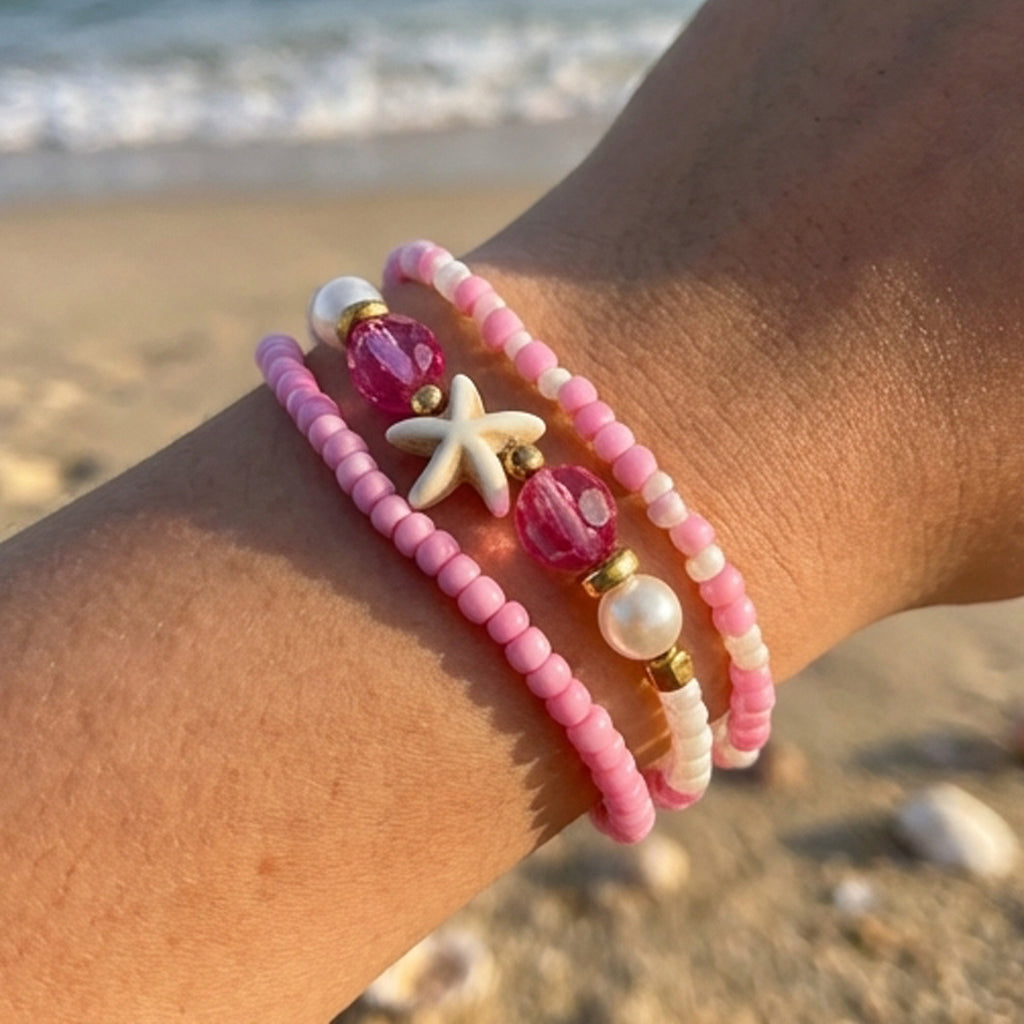 Handmade Pink White Gold Beaded Bracelet Set, Starfish Charm, Boho Ocean Jewelry