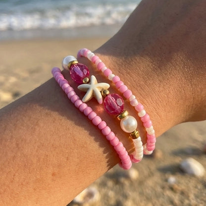 Handmade Pink White Gold Beaded Bracelet Set, Starfish Charm, Boho Ocean Jewelry