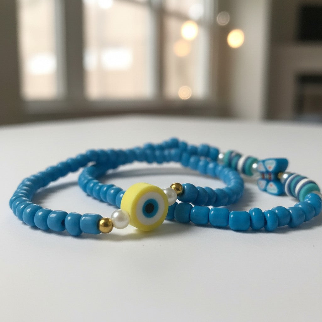 Handmade Blue Beaded Bracelet Set, Butterfly & Gold Accents, Playful Boho Jewelry