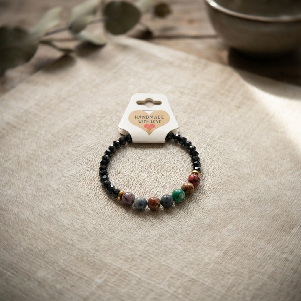 Beaded bracelet on a beige surface with a 'Handmade with Love' card.