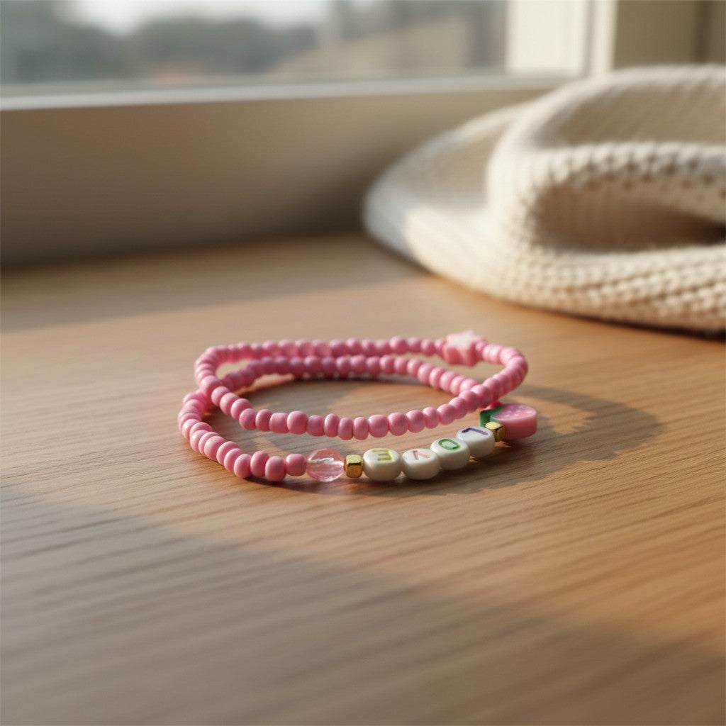 Pink Beaded Love Bracelet Set with Strawberry Charm, Cute Handmade Stretch Seed Bead Stackable Jewelry