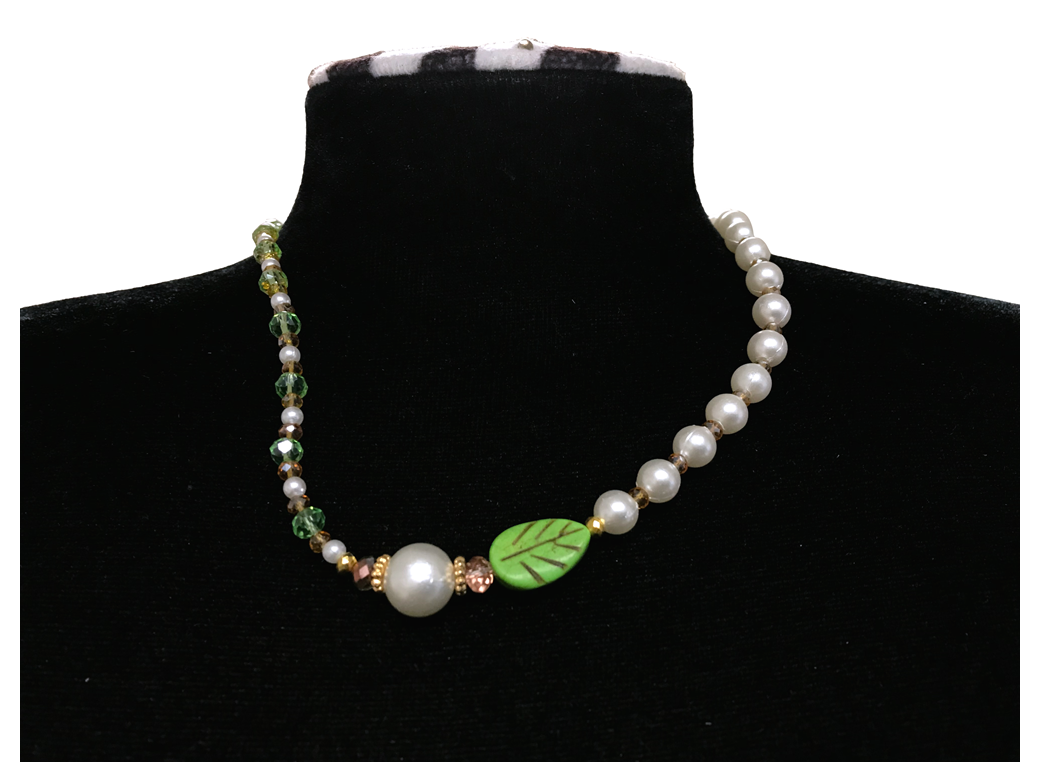 Handcrafted Spring Leaf Pearl-like Necklace with Faceted Crystal-style Beads, Metal-Plated Clasp w/ Extension Chain