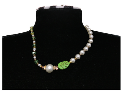 Handcrafted Spring Leaf Pearl-like Necklace with Faceted Crystal-style Beads, Metal-Plated Clasp w/ Extension Chain