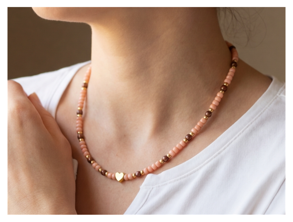 Handcrafted Beaded Necklace and Bracelet with Heart-shaped Charm, Metal-Plated Clasp w/ Extension Chain