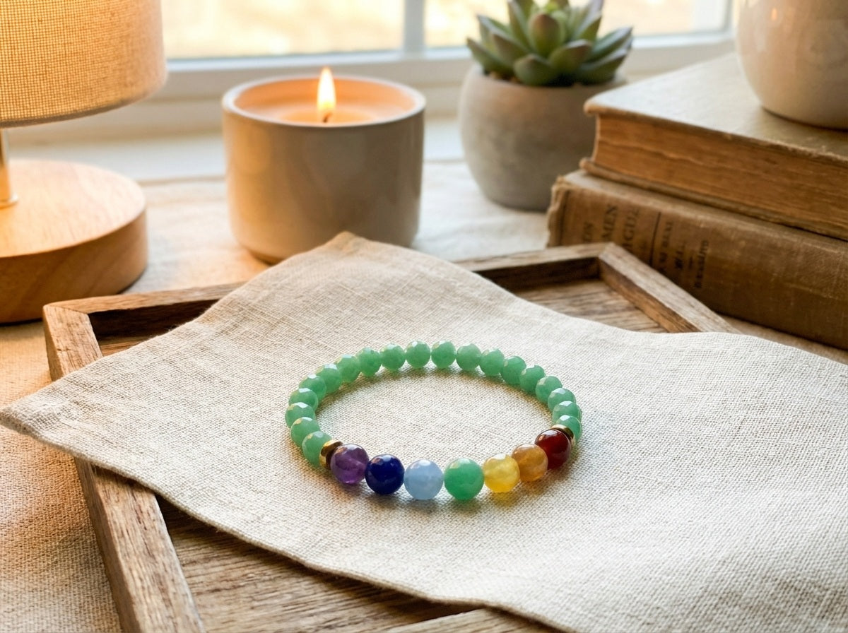 Green and Colorful beaded bracelet on a wooden tray with a candle and books in the background