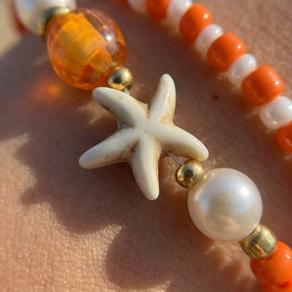 Handmade Orange White Beaded Bracelet Set, Starfish Charm, Boho Ocean Jewelry