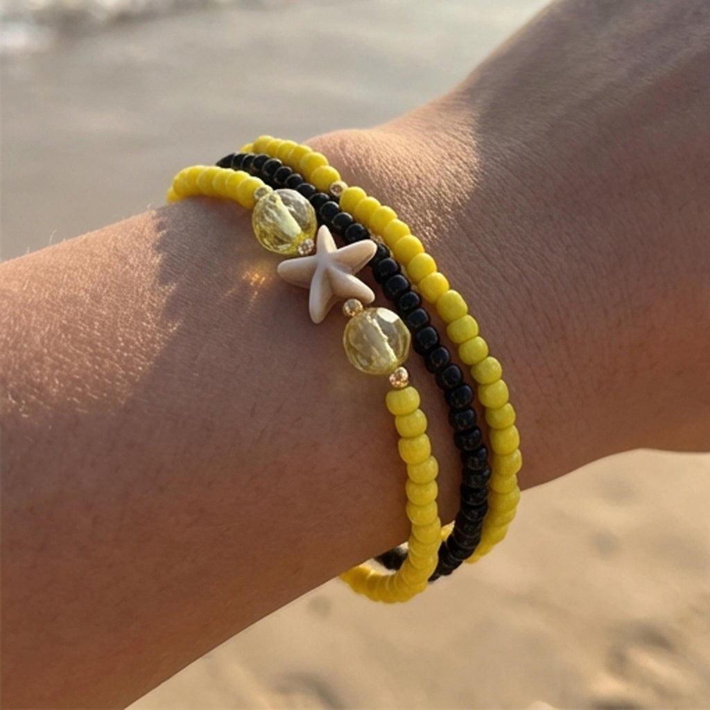 Handmade Yellow Black Beaded Bracelet Set, Starfish Charm, Boho Ocean Jewelry