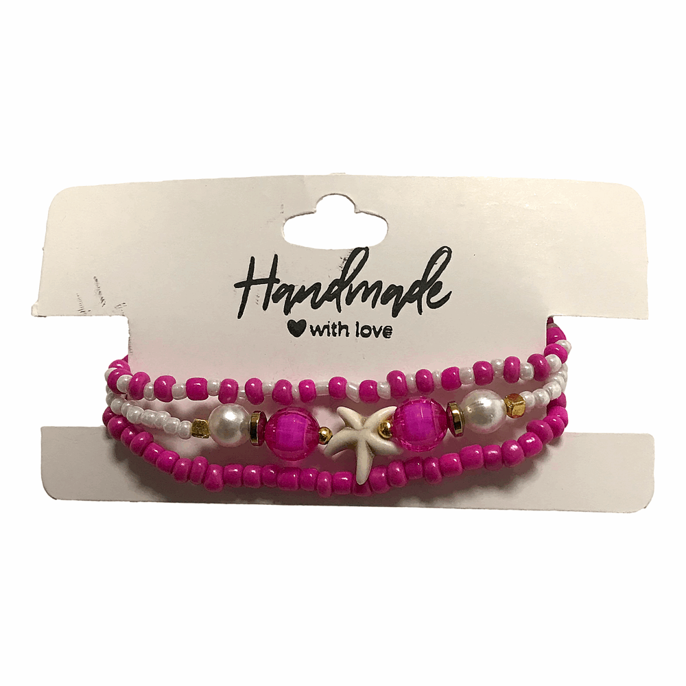 Handmade Hot Pink White Beaded Bracelet Set, Starfish Charm, Boho Ocean Jewelry
