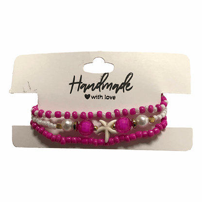 Handmade Hot Pink White Beaded Bracelet Set, Starfish Charm, Boho Ocean Jewelry