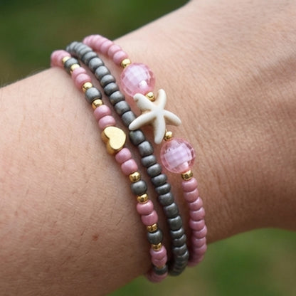 Handmade Pink Gray Gold Beaded Bracelet Set, Starfish & Heart Charms, Boho Ocean Jewelry