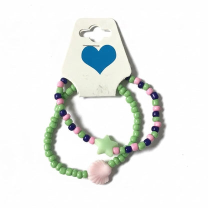 Pastel Mermaid Seed Bead Bracelet Set, Green Pink Shell & Star Charm Jewelry