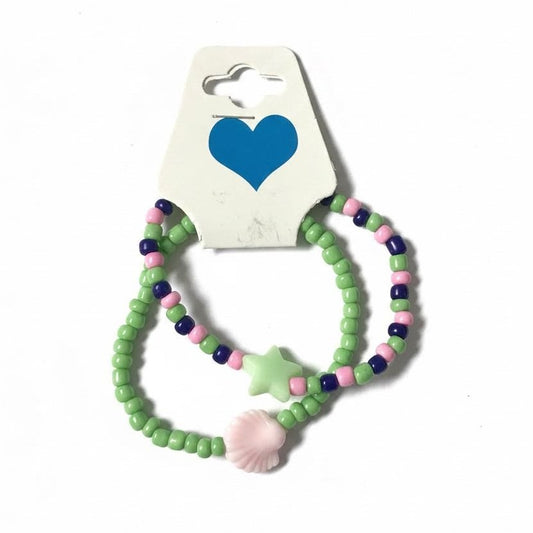 Pastel Mermaid Seed Bead Bracelet Set, Green Pink Shell & Star Charm Jewelry.