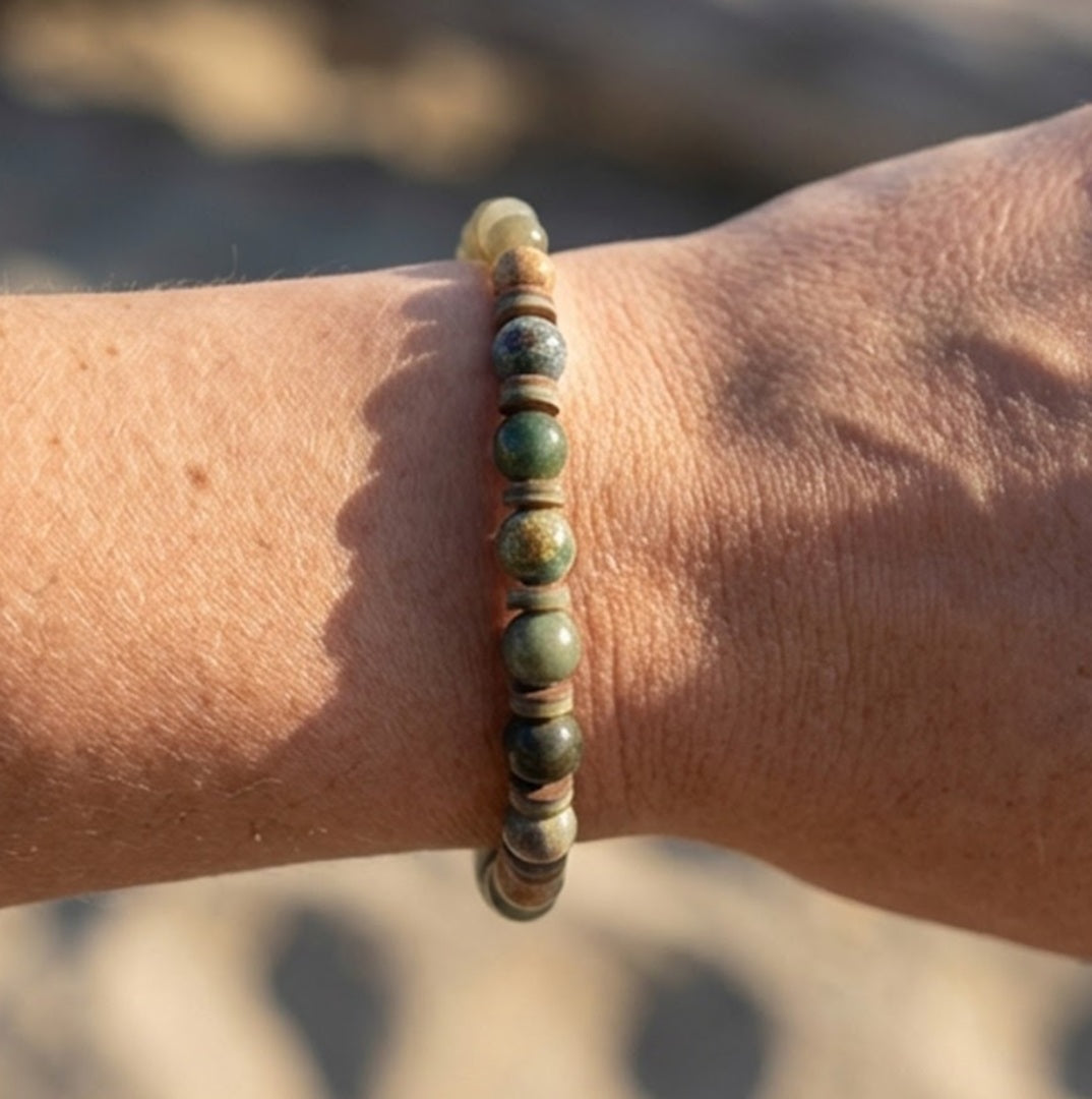 Handmade Bracelet – Green Stone-Style Beads with Brown & Cream Disc Spacers – Boho Jewelry